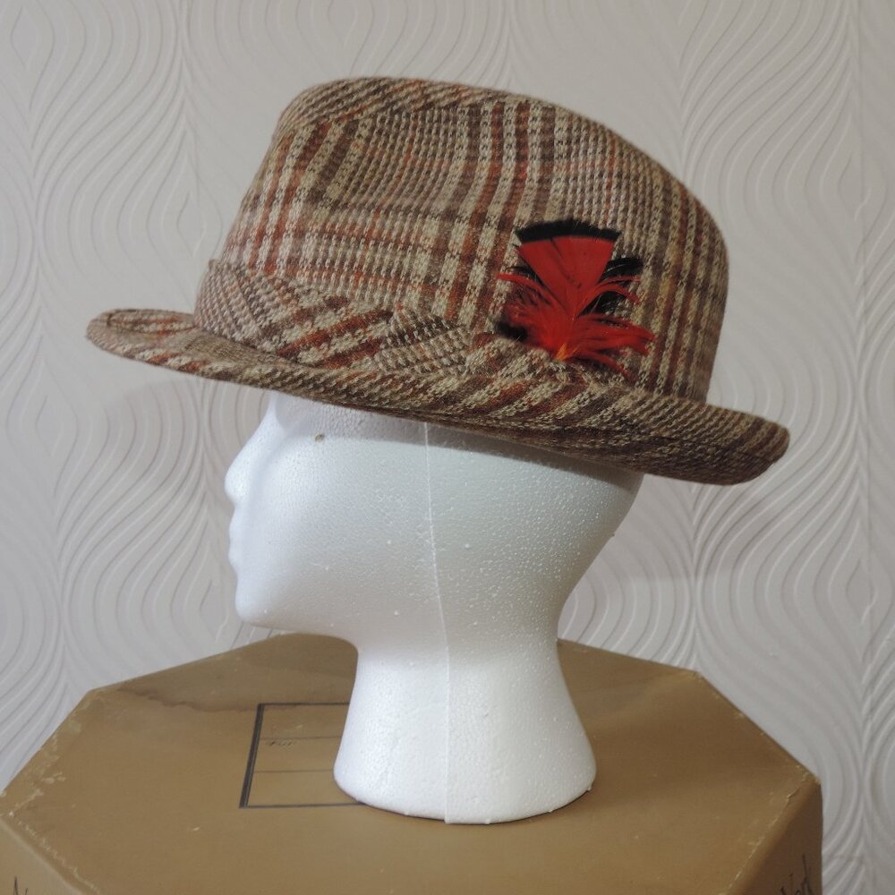 Vintage 1950s Crofut & Knapp Men's Brown Plaid Fedora hat size M w/ Orig Box